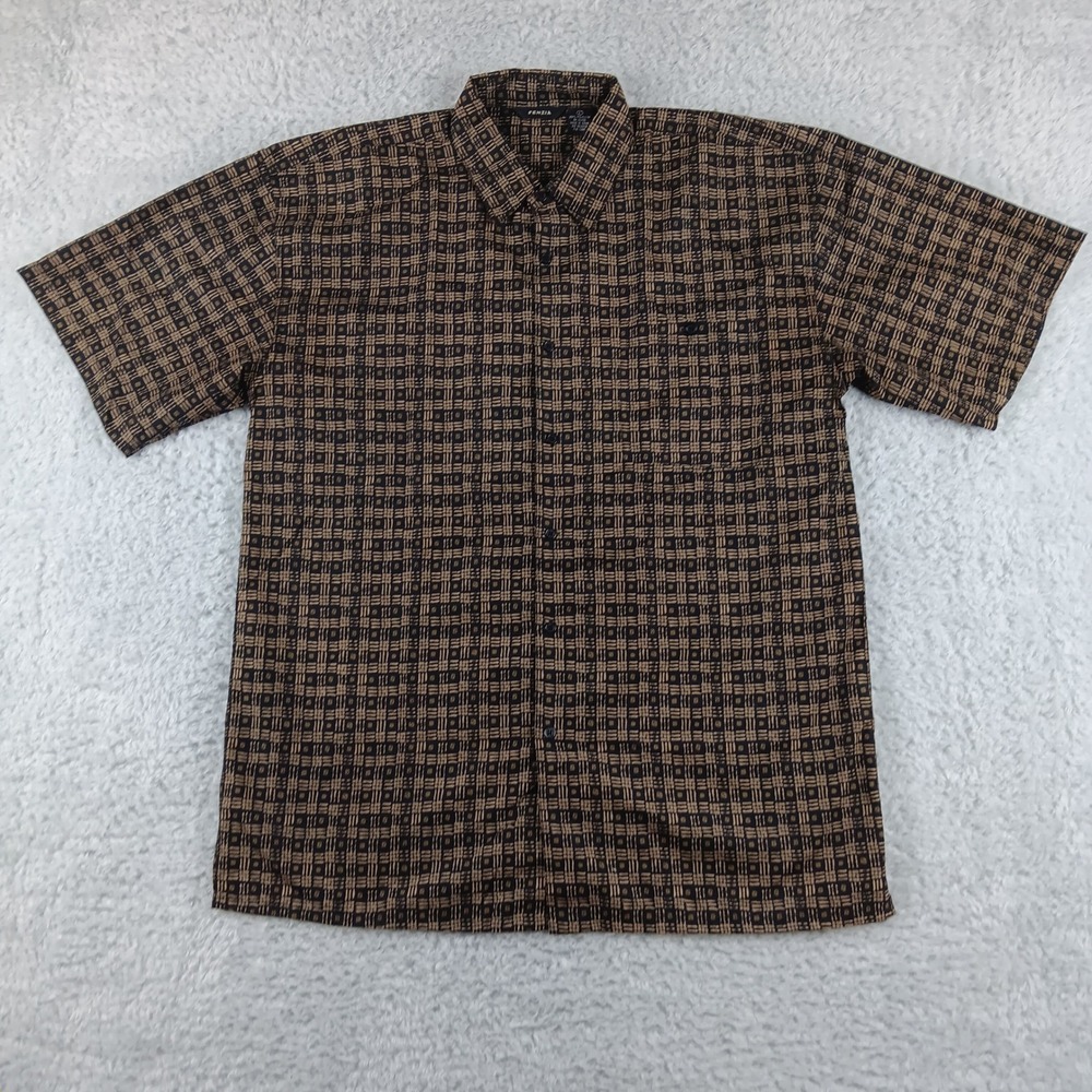 Fenzia Mens Large Short Sleeve Button Down Shirt Brown Geometric Grid Polyester